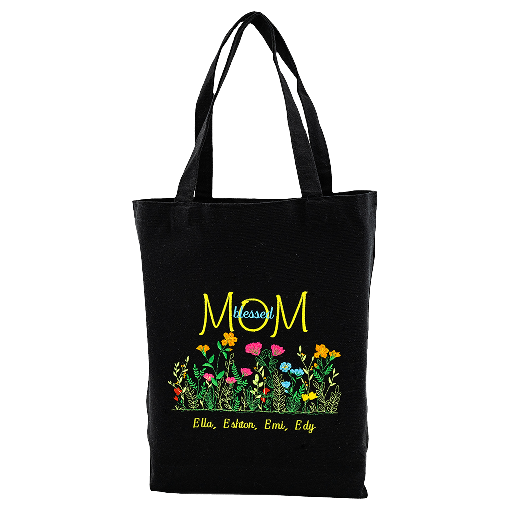 Personalized Embroidered Tote Bag, Blessed Mom, Wildflowers